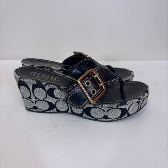 Coach Sherri Grey & Black Monogram Platform Heeled Flip Flop Sandals Women's 5.5 - Picture 1 of 11